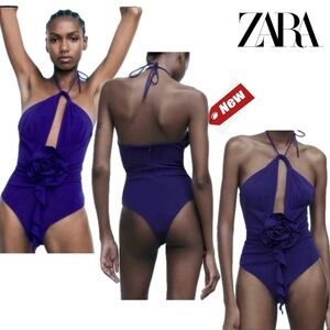Zara blue 3-D flower halter top cut-out spaghetti strap bodysuit Sz M NWT